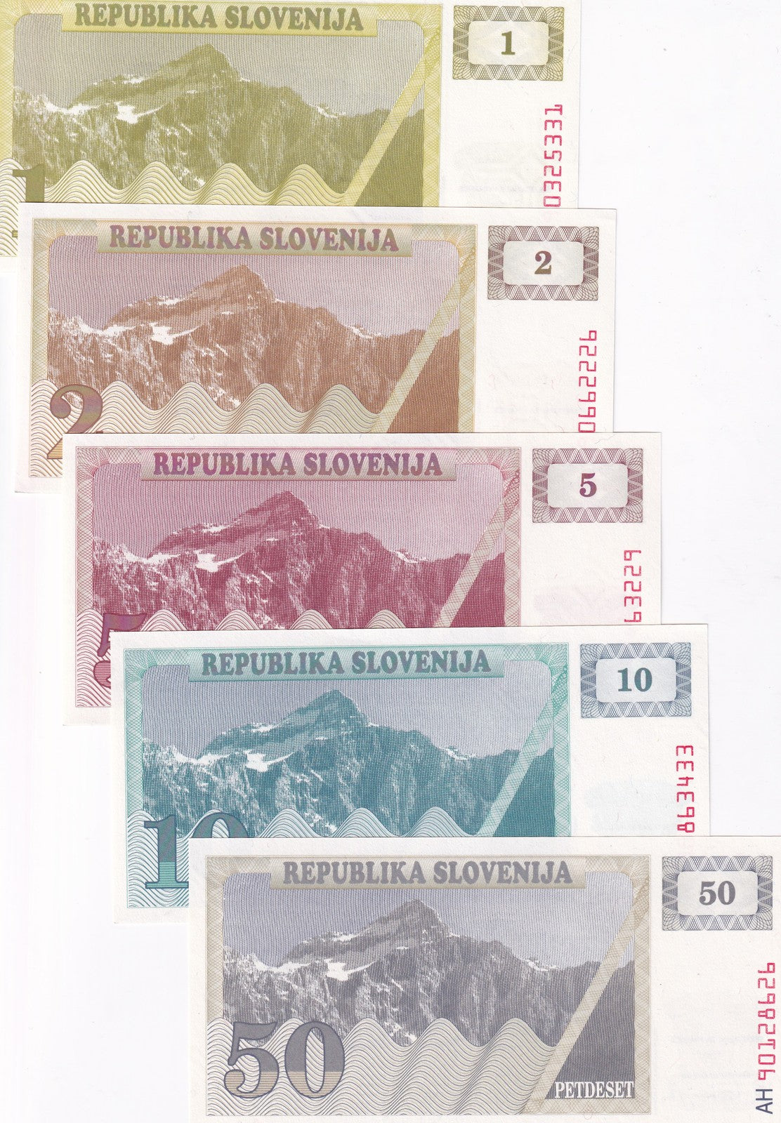 Slovenia Set 5 Pcs 1 2 5 10 50 Tolarjev 1990 P 1 2 3 4 5 UNC