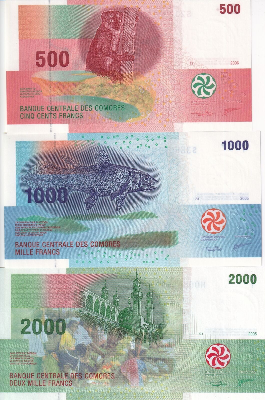 Comoros Set 3 PCS 500 1000 2000 Francs 2006/2020 Random Sign P 15- P 17 UNC