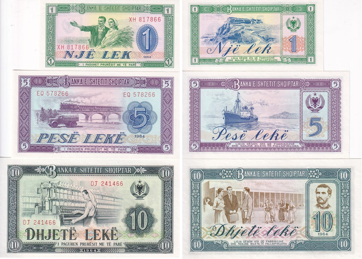 Albania Set 3 UNC 1 5 10 Leke 1964 P 33 35 36 Shkoder, Daijti, Naim Frasheri