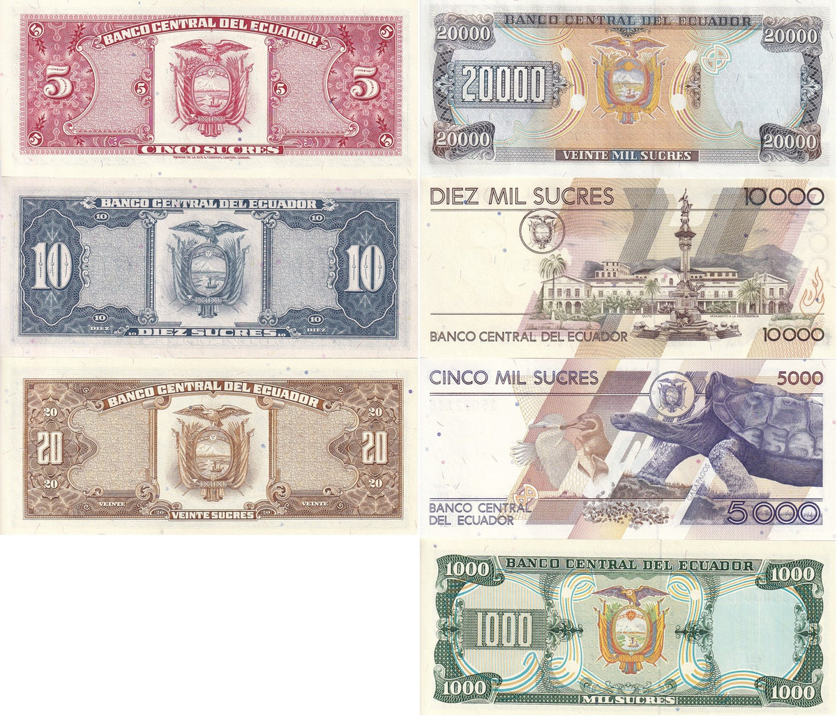 Ecuador Set 7 UNC 5 10 20 1000-20000 Sucres 1986-1999 P 113 121 121A 125 127-129