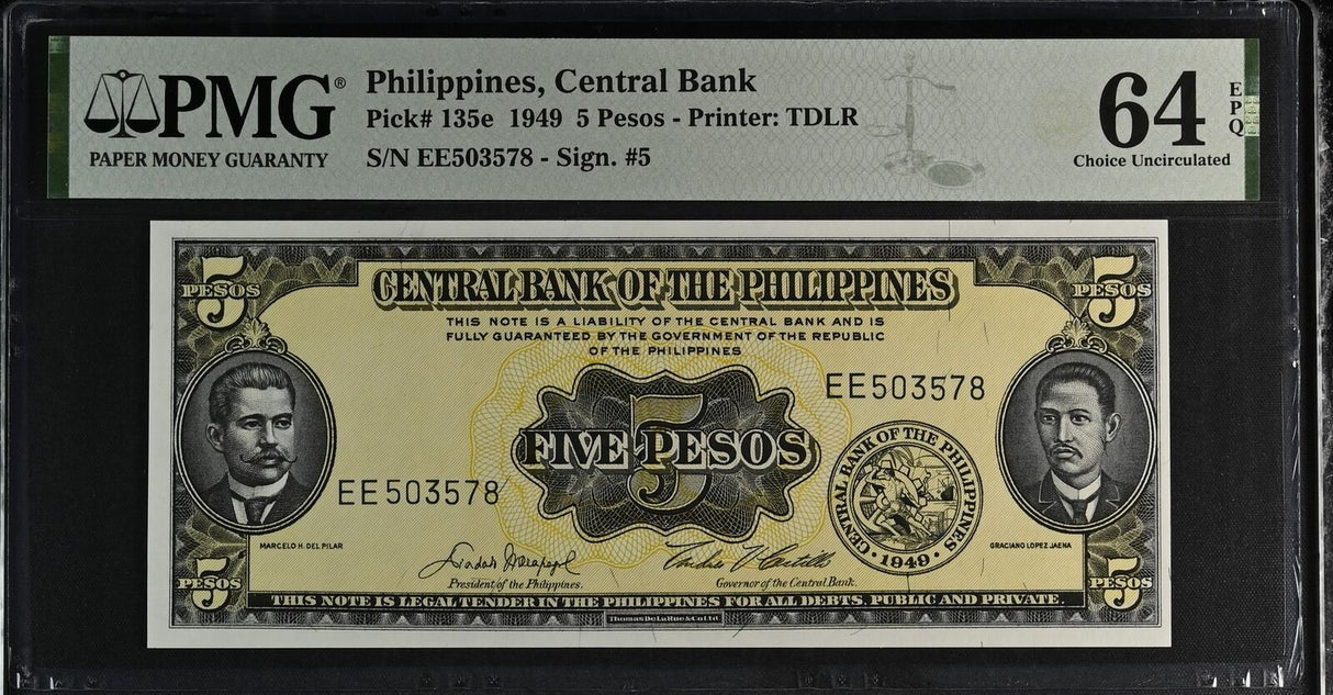 Philippines 5 Pesos 1949 P 135 e Choice UNC PMG 64 EPQ