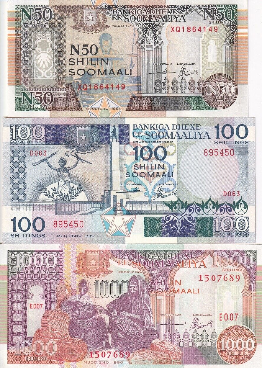 Somalia Set 3 Pcs 50 100 1000 Shillings 1987-1996 P R2 35 37 UNC