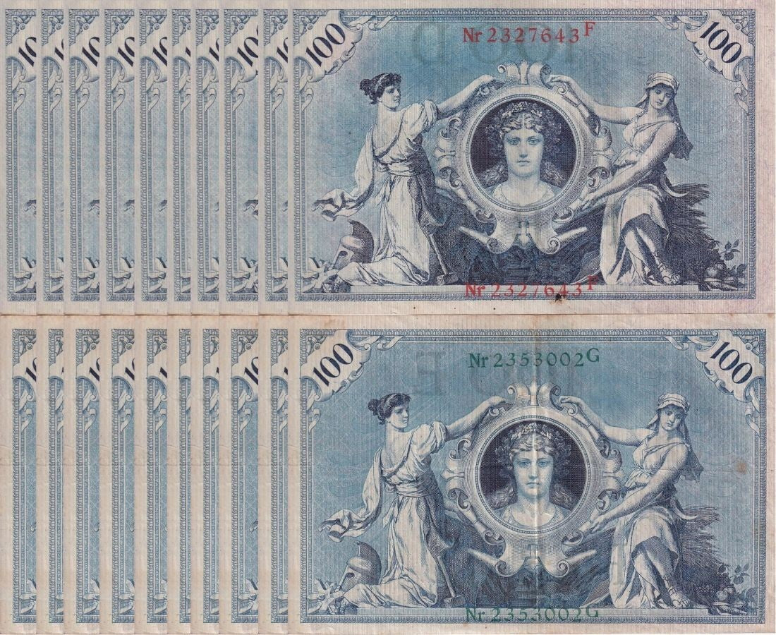 Germany SET 2 x LOT 5= 10 PCS 100 Mark 1908 Green+Red Seal P 33 34 FineCirculate