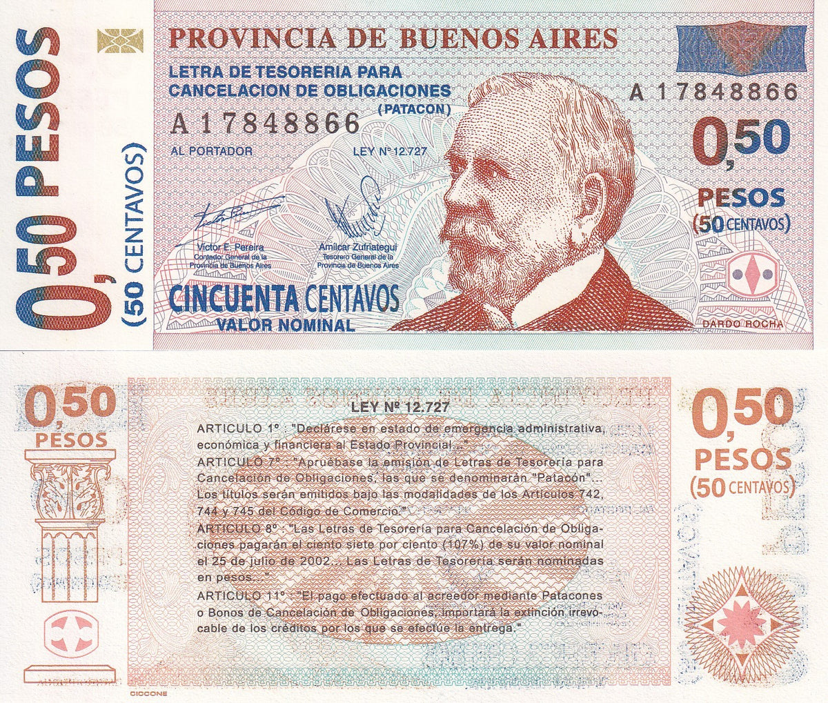 Argentina 0.50 Pesos (50 Centavos) 2002 P S2309 UNC