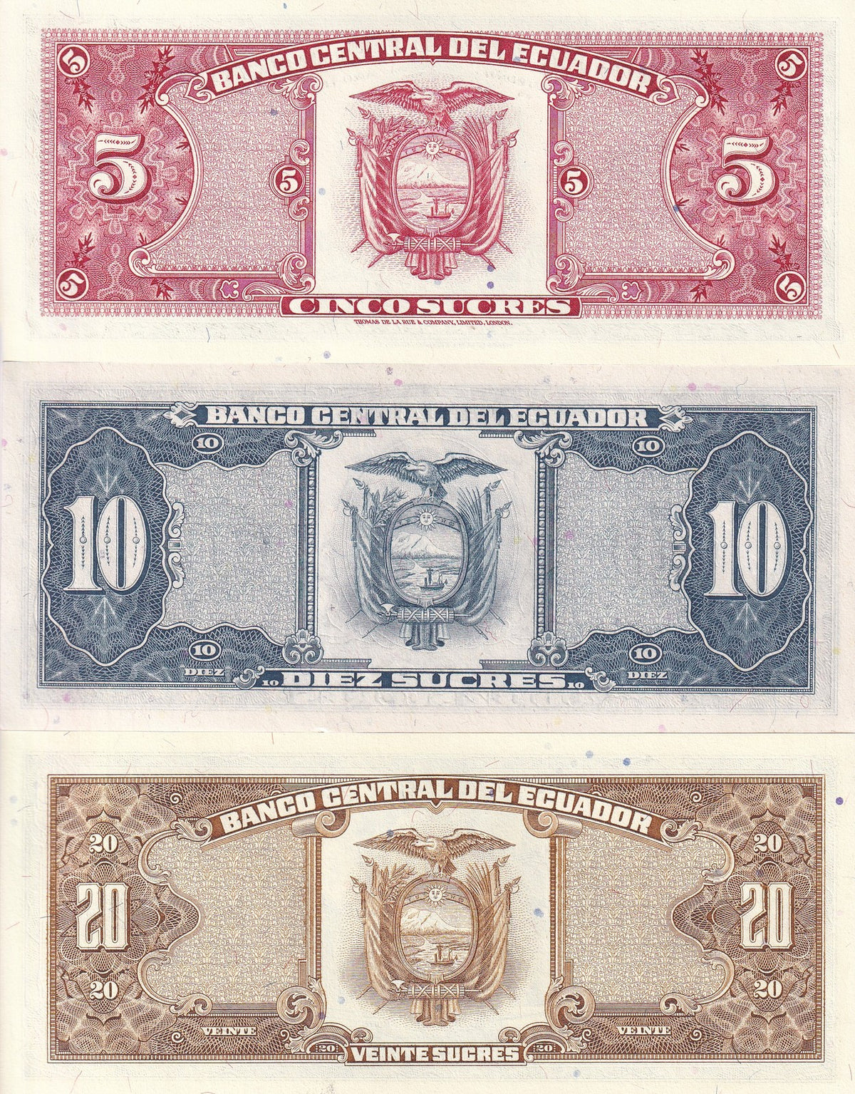 Ecuador Set 3 UNC 5 10 20 Sucres 1986-1999 P 113 121 121Aa