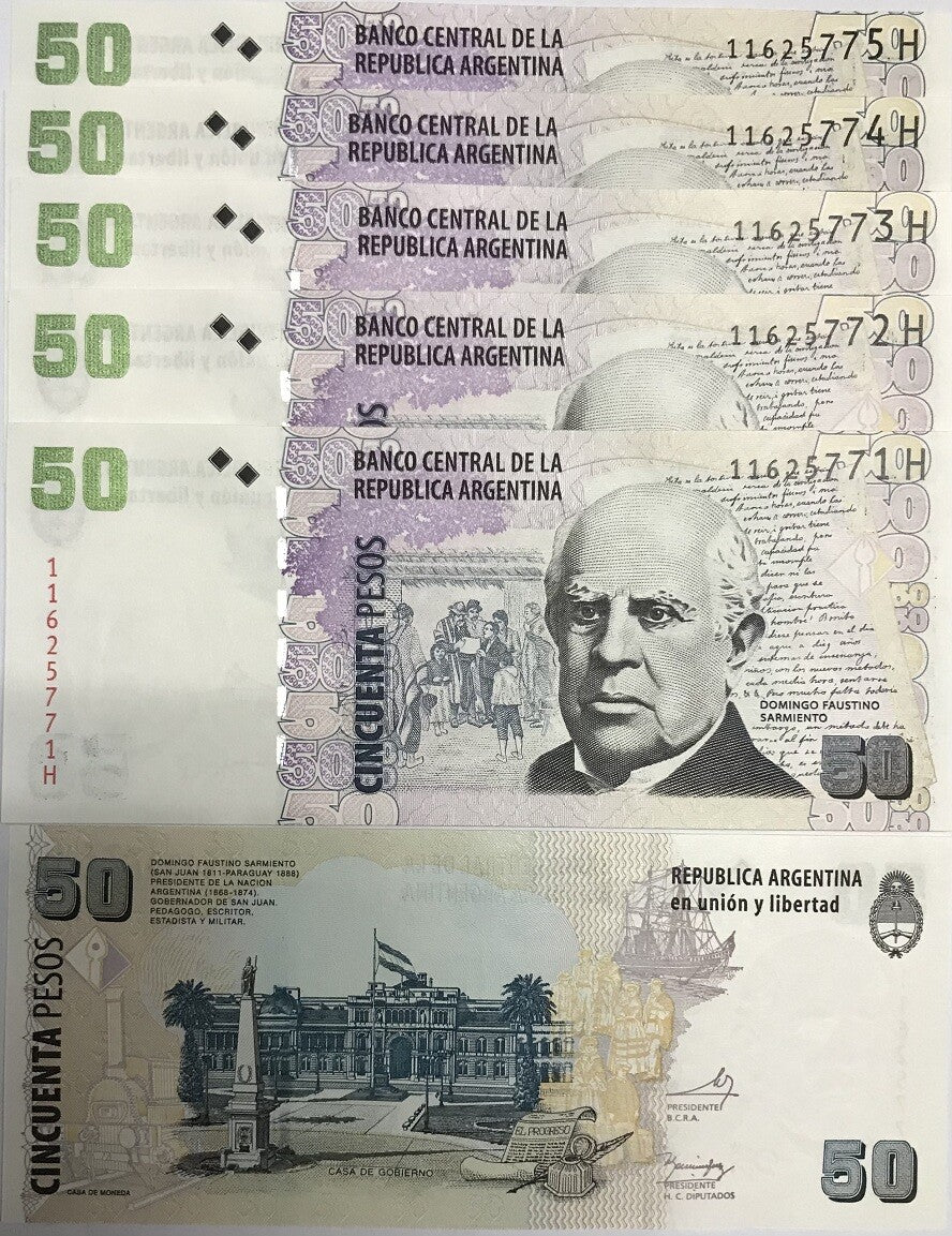 Argentina 50 Pesos ND 2003-2015 P 356 Mixed Suffix UNC LOT 5 PCS
