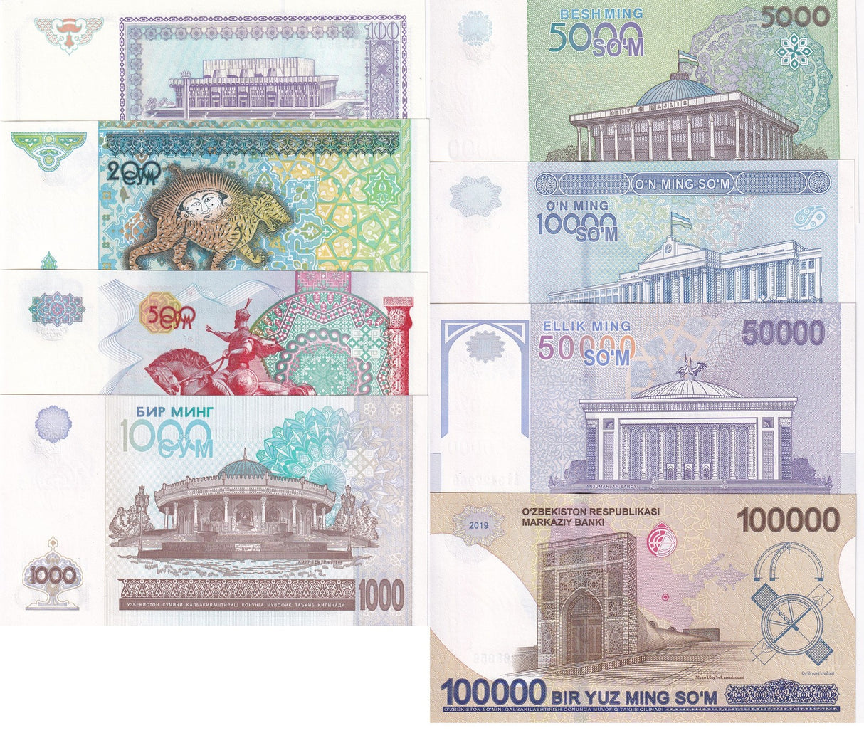 Uzbekistan Set 8 UNC 100 200 500 1000 5000 10000 50000 100000 Som 1994-2019