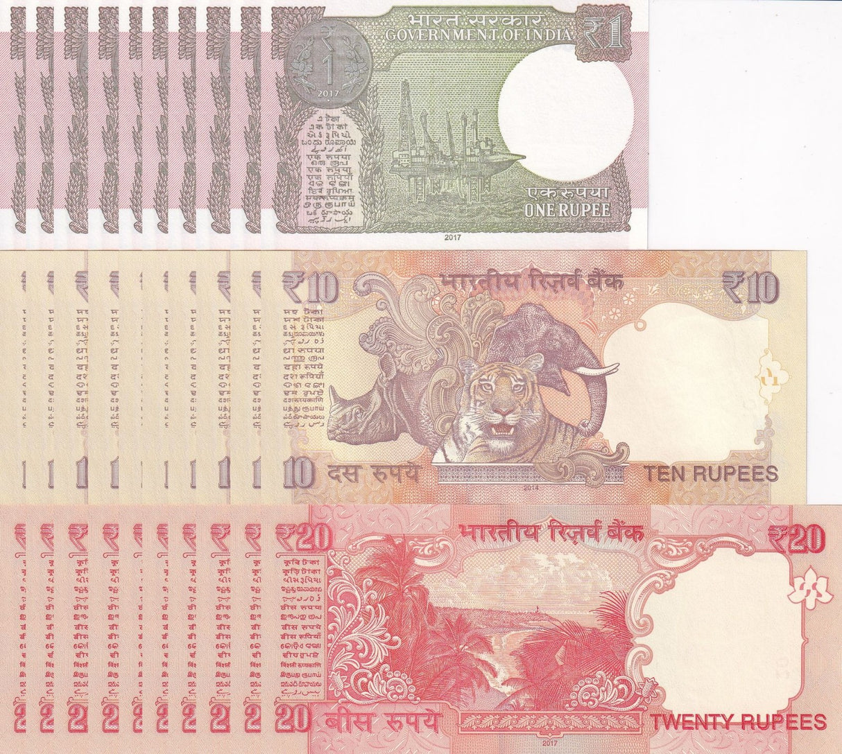 India Set 3 x Lot 10 = 30 UNC 1 10 20 Rupees Random Year P 102 103 117