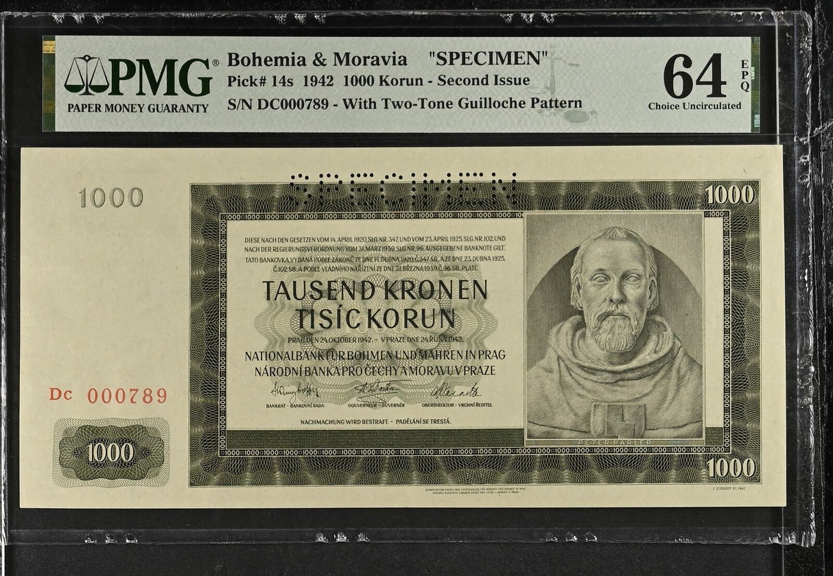 Bohemia 1000 Korun 1942 P 14s SPECIMEN Choice UNC PMG 64 EPQ
