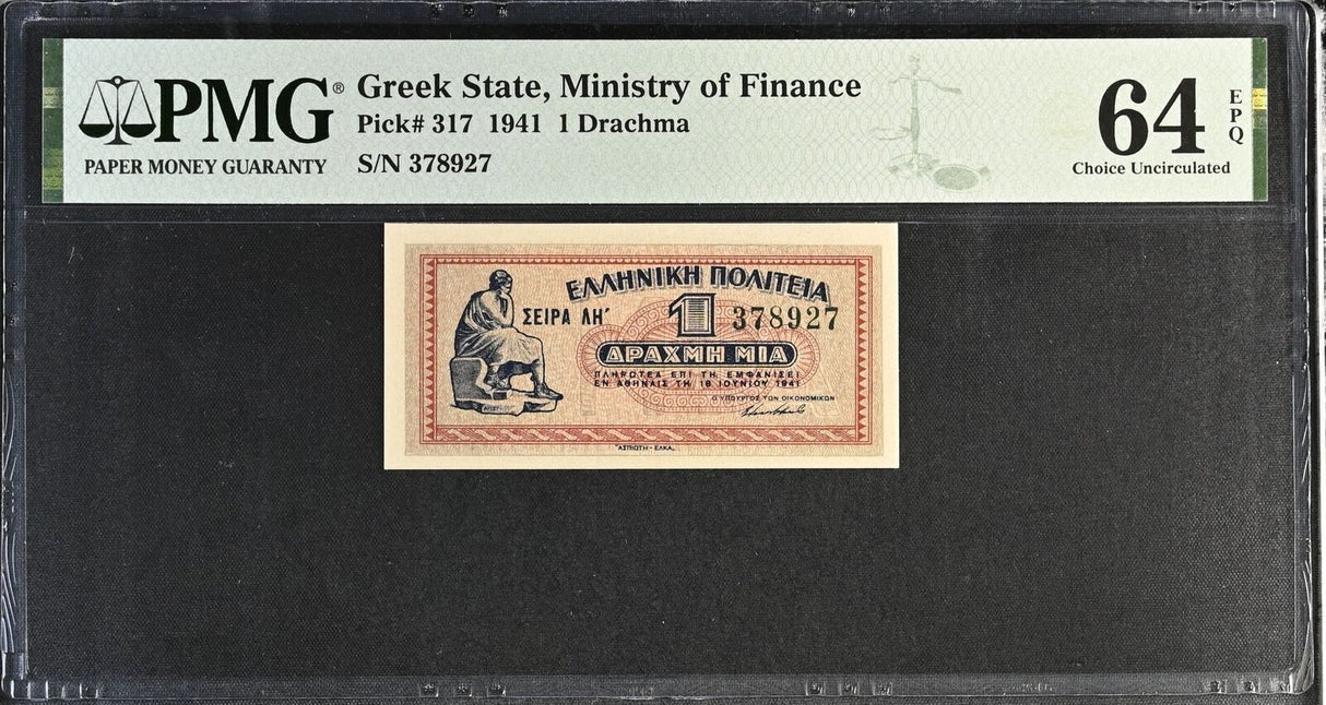 Greece 1 Drachmai 1941 Greek P 317 Choice UNC PMG 64 EPQ