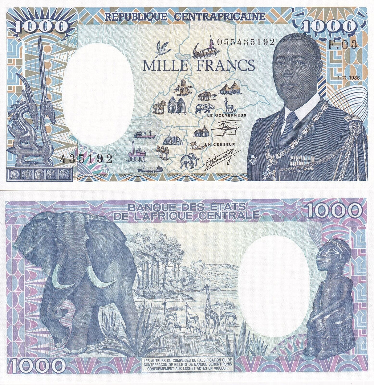 Central African State Republic 1000 Francs 1986 P 16 AUnc