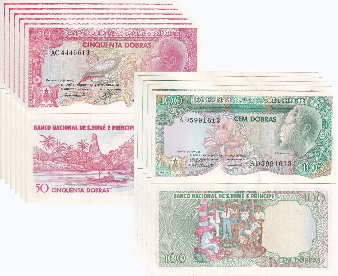 St. Thomas & Prince Set 2 x Lot 5 = 10 PCS 50 100 Dobras 1982 1989 P 56 P 60 UNC