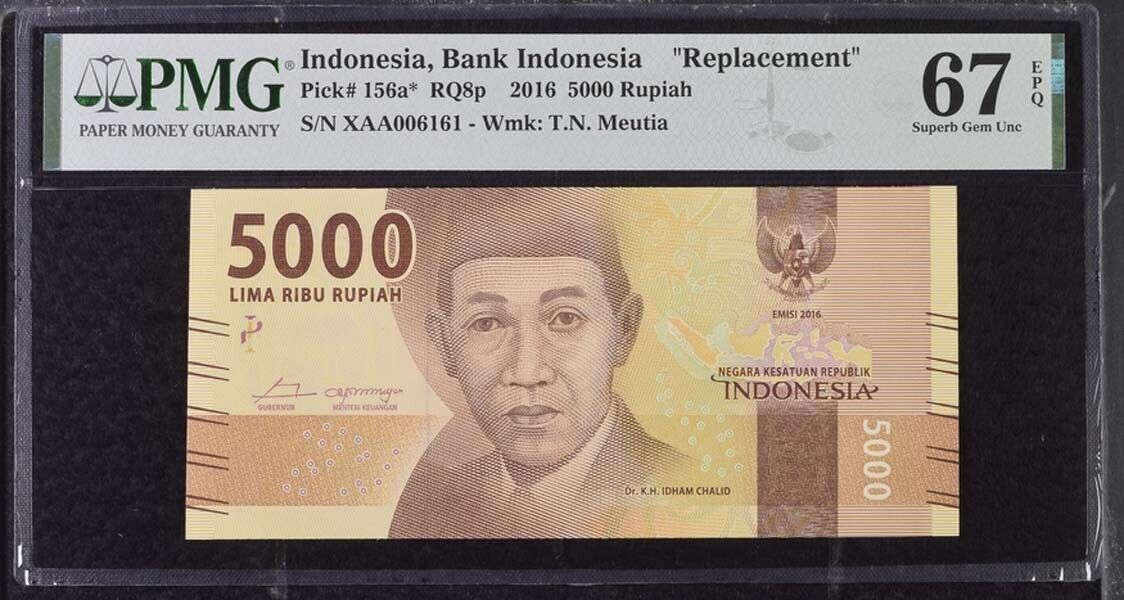 Indonesia 5000 Rupiah 2016 P 156 a* Replacement # 6161 Superb Gem UNC PMG 67 EPQ