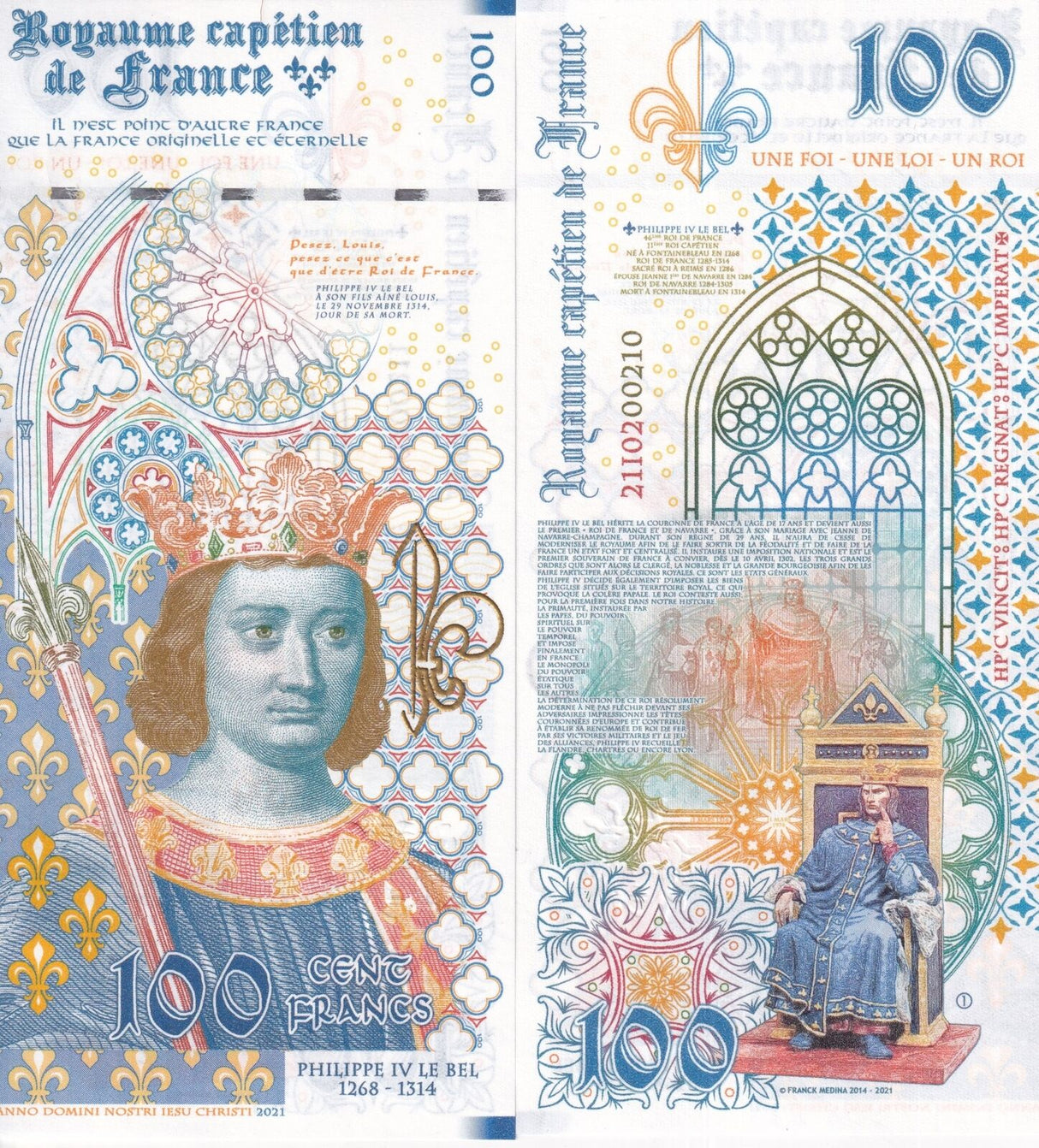 FRANCE 100 FRANCS 2020 Private Issued PHILIP IV LE BEL 1268-1314 Fantasy