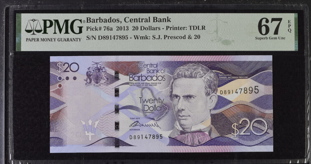 Barbados 20 Dollars 2013 P 76 a Superb Gem UNC PMG 67 EPQ
