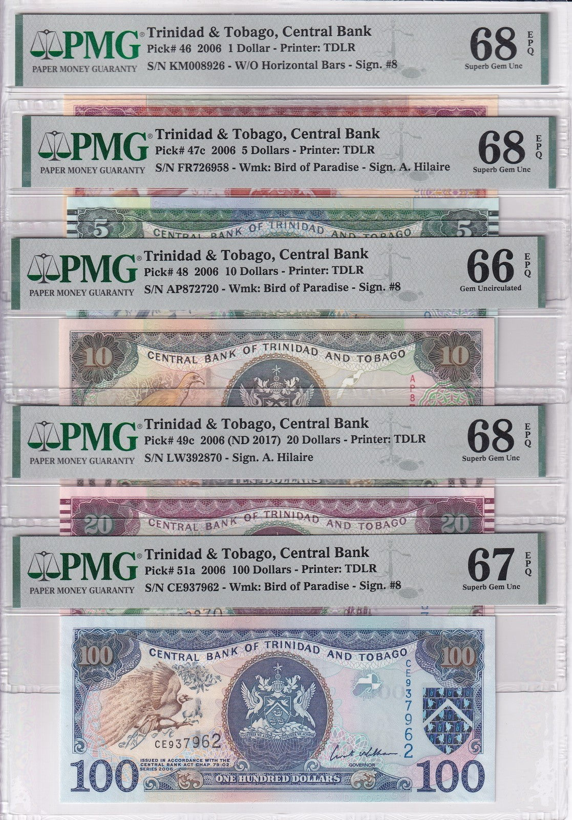 Trinidad & Tobago Set ; 1 5-100 Dollars P 46-49 P 51 Superb UNC PMG 66 67 68 EPQ