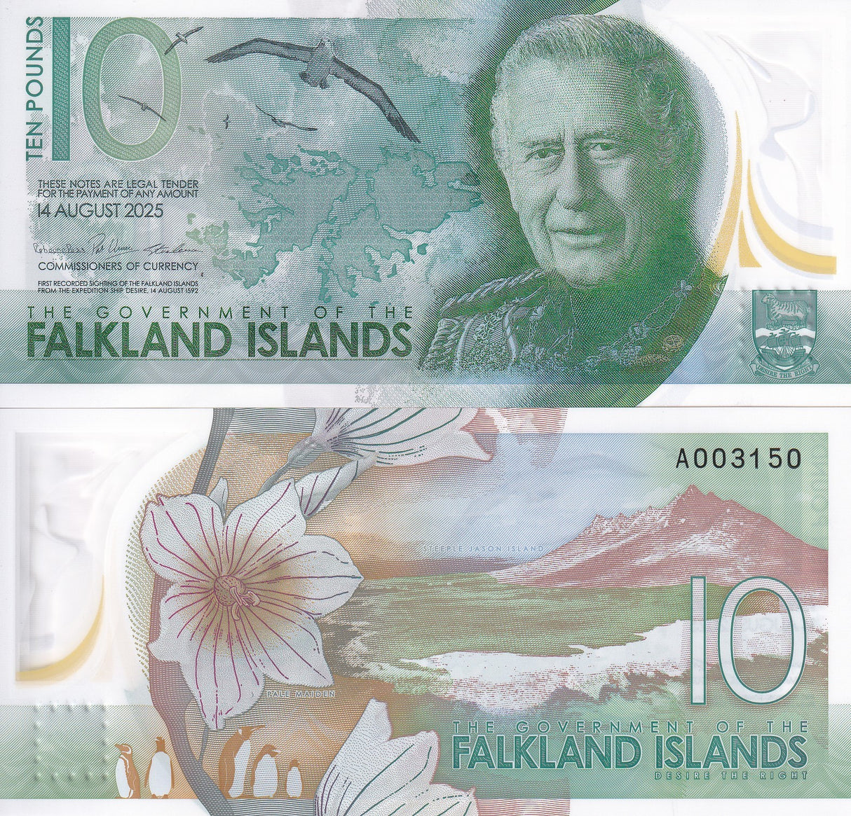 Falkland Islands 10 Pounds 2025 P 21 NEW Polymer King Charles III UNC