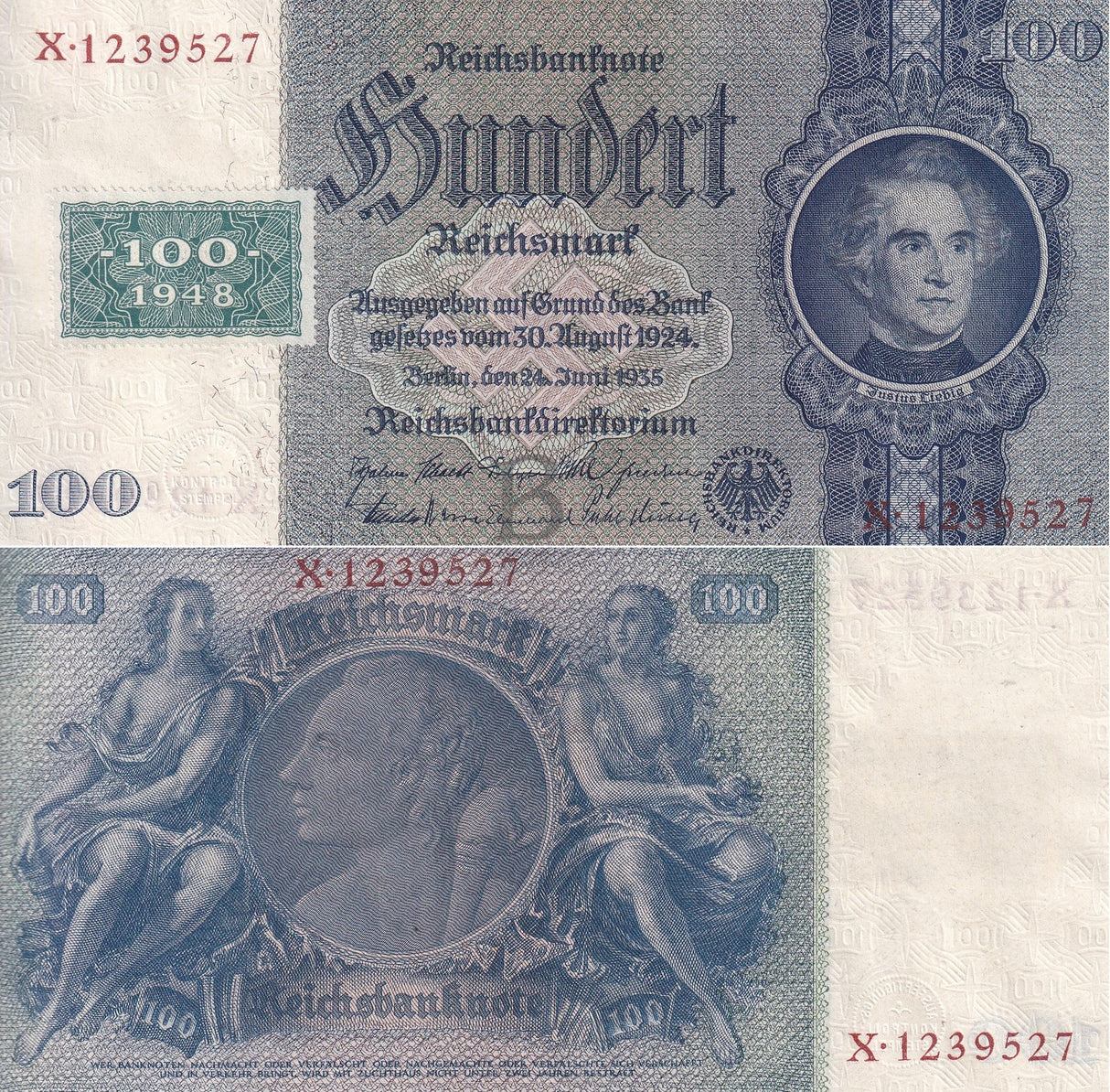 Germany 100 Deutsche Mark 1948 P 7 Stamp on P 183 AUnc