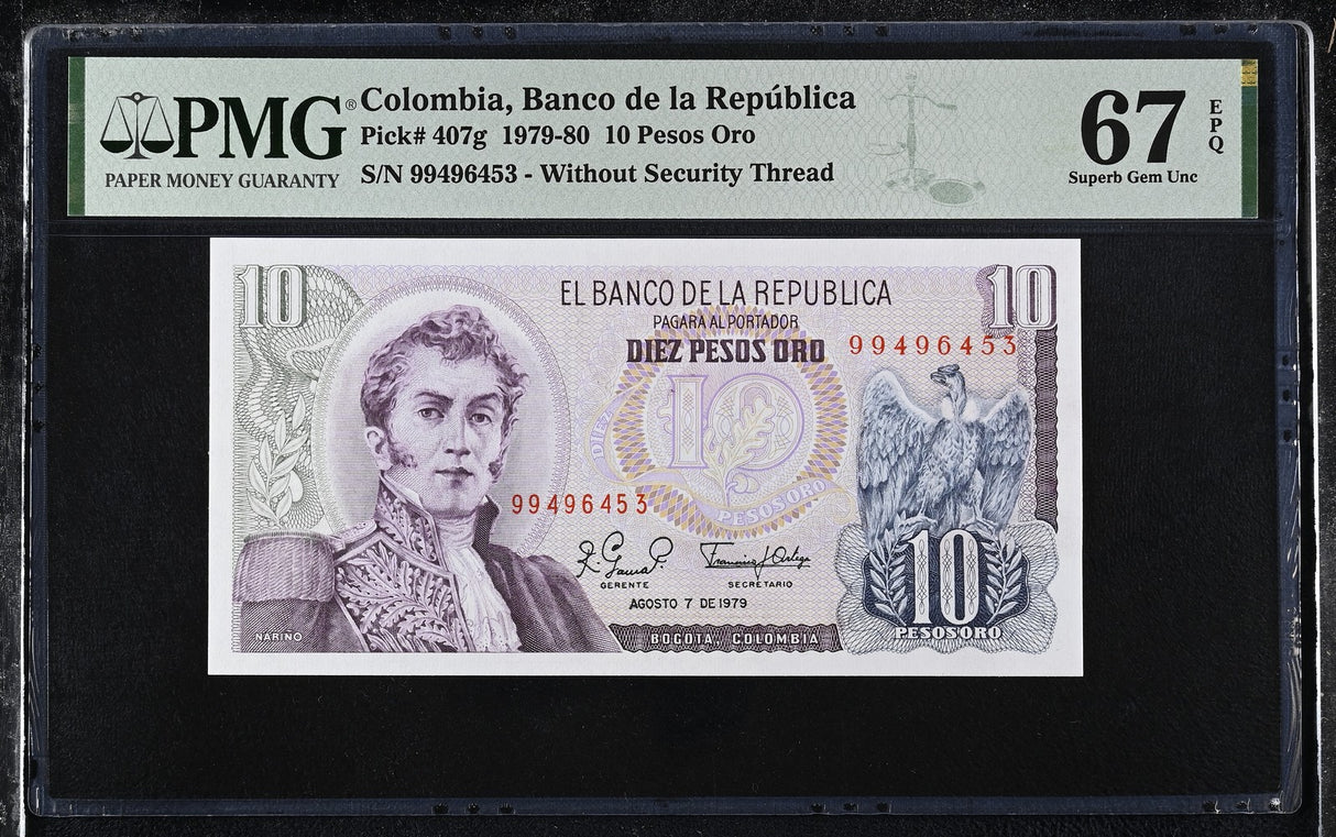 Colombia 10 Pesos 1979 P 407 g Superb Gem UNC PMG 67 EPQ