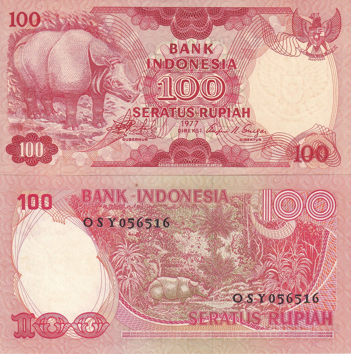 Indonesia 100 Rupiah 1977 P 116 Rhinoceros Perum. Percetakan Uang, AUnc