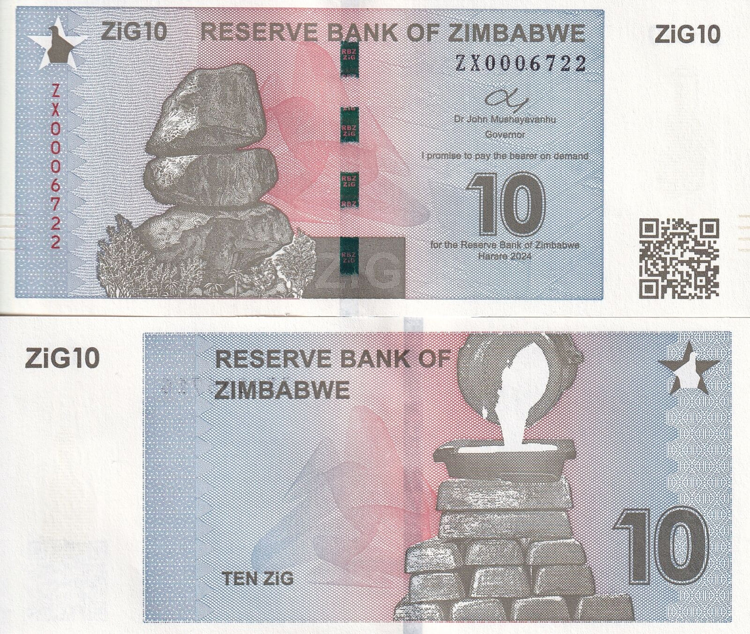 Zimbabwe SET 2,10 20 ZiG 2024 P NEW Replacement ZX Gold Backed UNC With QR Code
