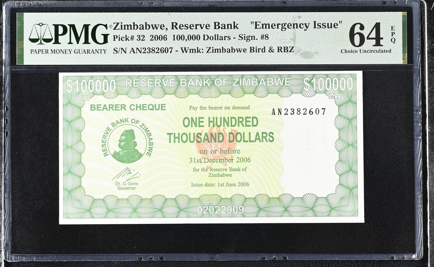 Zimbabwe 100000 Dollars 2006 P 32 Emergency Issue Choice UNC PMG 64 EPQ