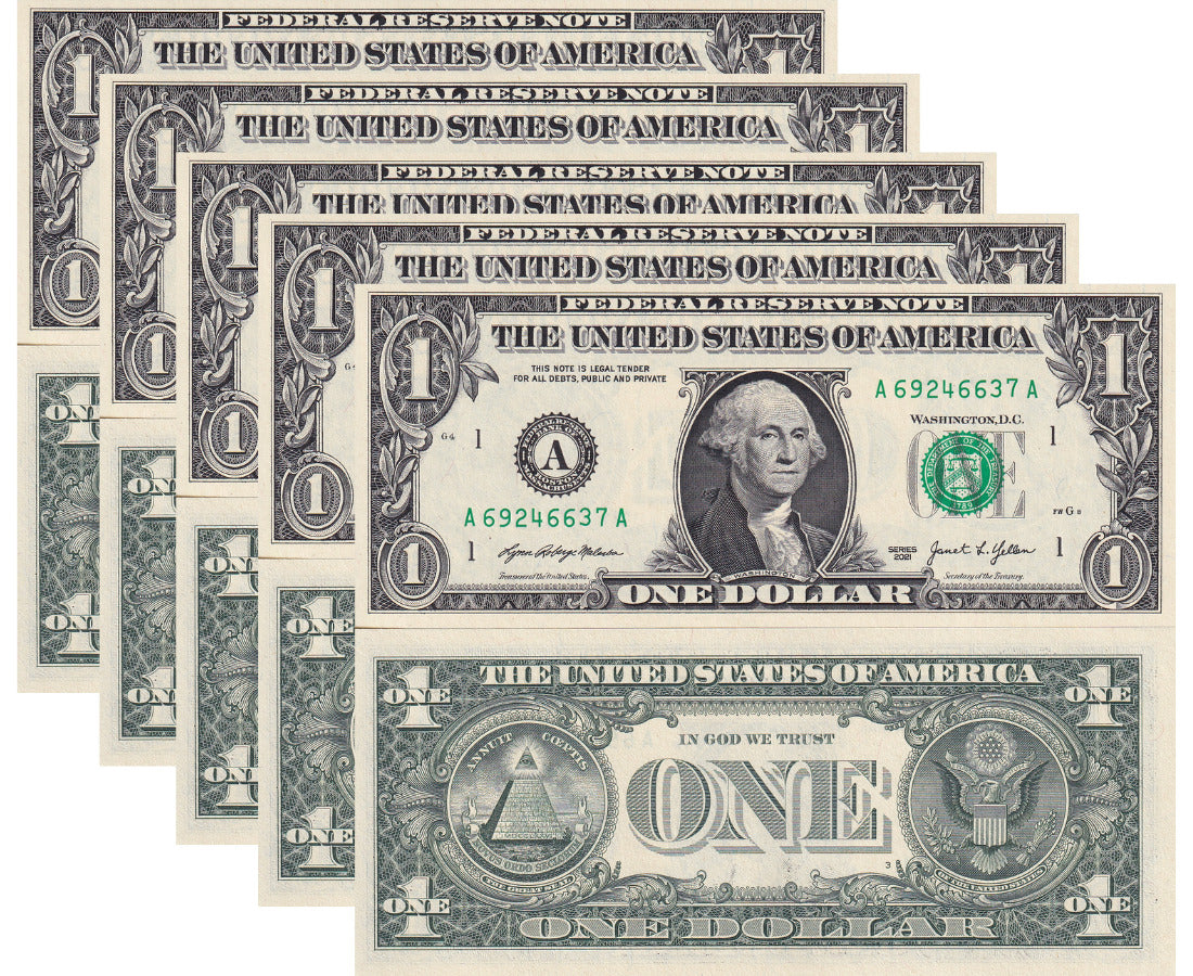 United States 1 Dollars USA 2021 P 549 Boston MA "A" UNC LOT 5 PCS