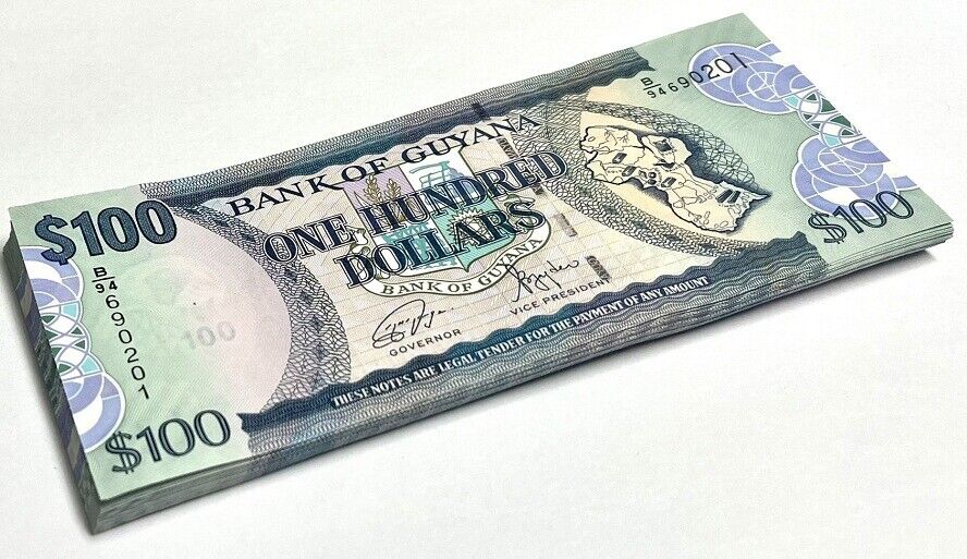 Guyana 100 Dollars 2022 P 36 e UNC Lot 100 PCS 1 Bundle
