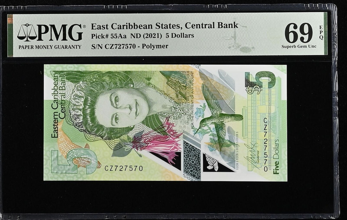 East Caribbean 5 Dollars ND 2021 P 55Aa Polymer Superb Gem UNC PMG 69 EPQ
