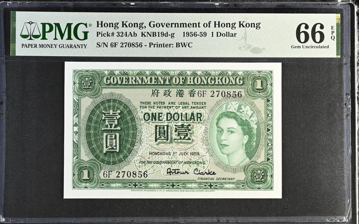 Hong Kong 1 Dollars 1959 P 324Ab Gem UNC PMG 66 EPQ