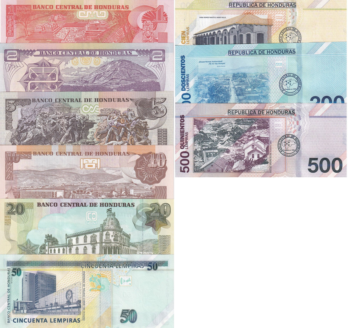 Honduras Set 9 UNC 1-200 500 Lempiras 2022-2024 P 96 97 98 99 100-114 P New