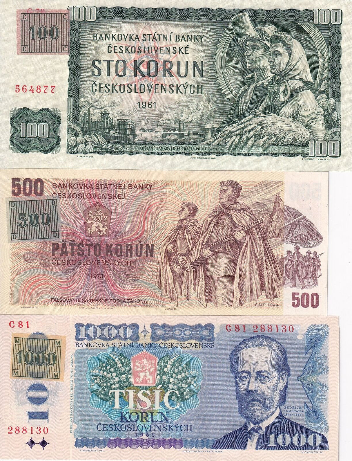 Czech Set 3 UNC 100 500 1000 Korun 1961-1985 (1993) P 1 P 2 P 3 Stamp