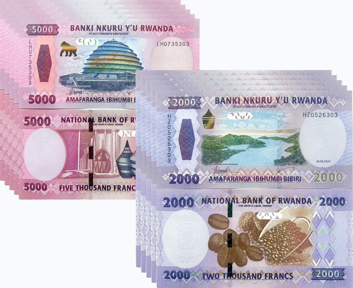 Rwanda LOT 5 X SET 2 Pcs = 10 UNC 2000 5000 FRANCS 2024 P 44 45
