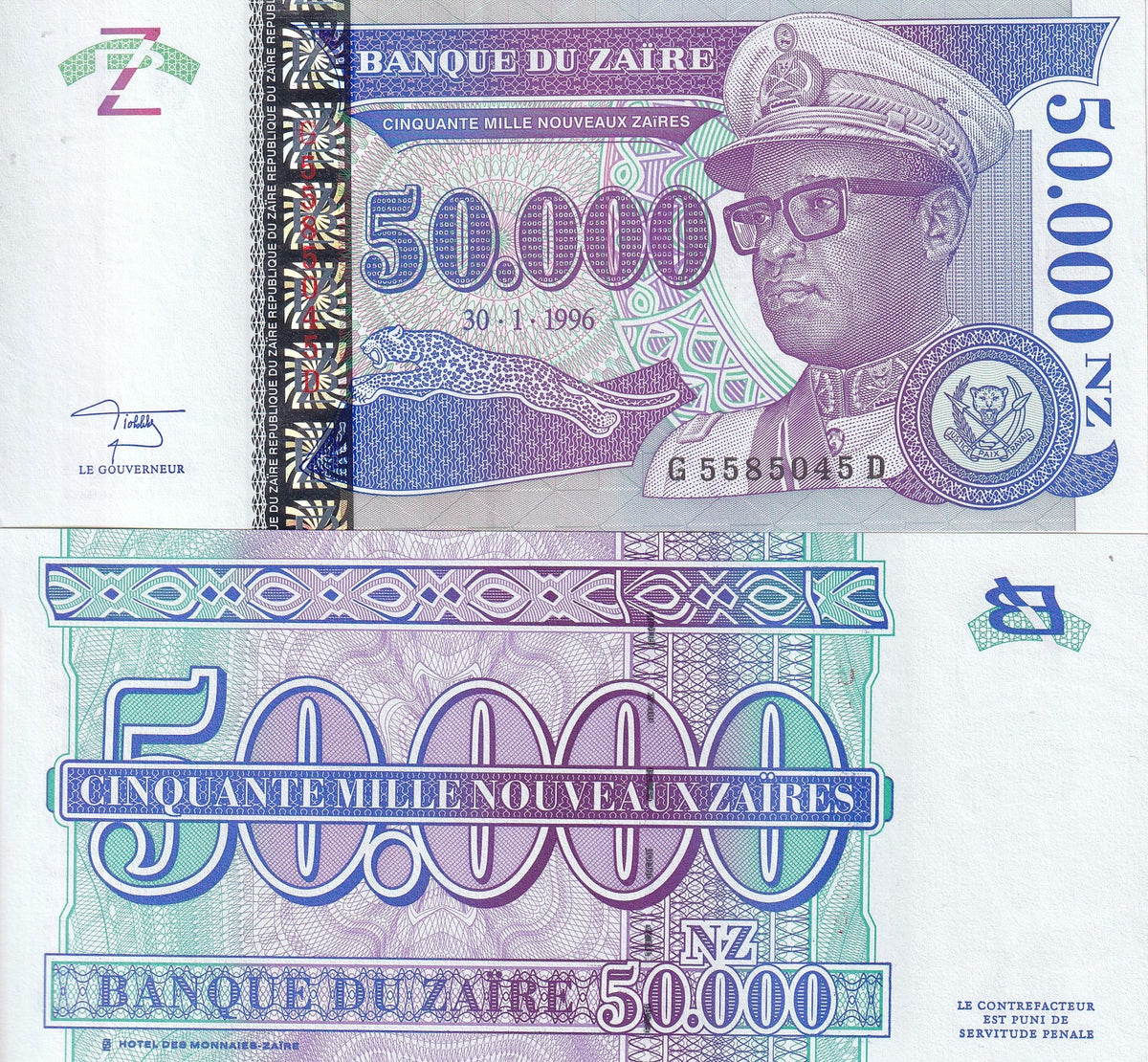 Zaire 50000 Zaires 1996 P 75 HdMZ UNC ,Hotel des Monnaies Zaire