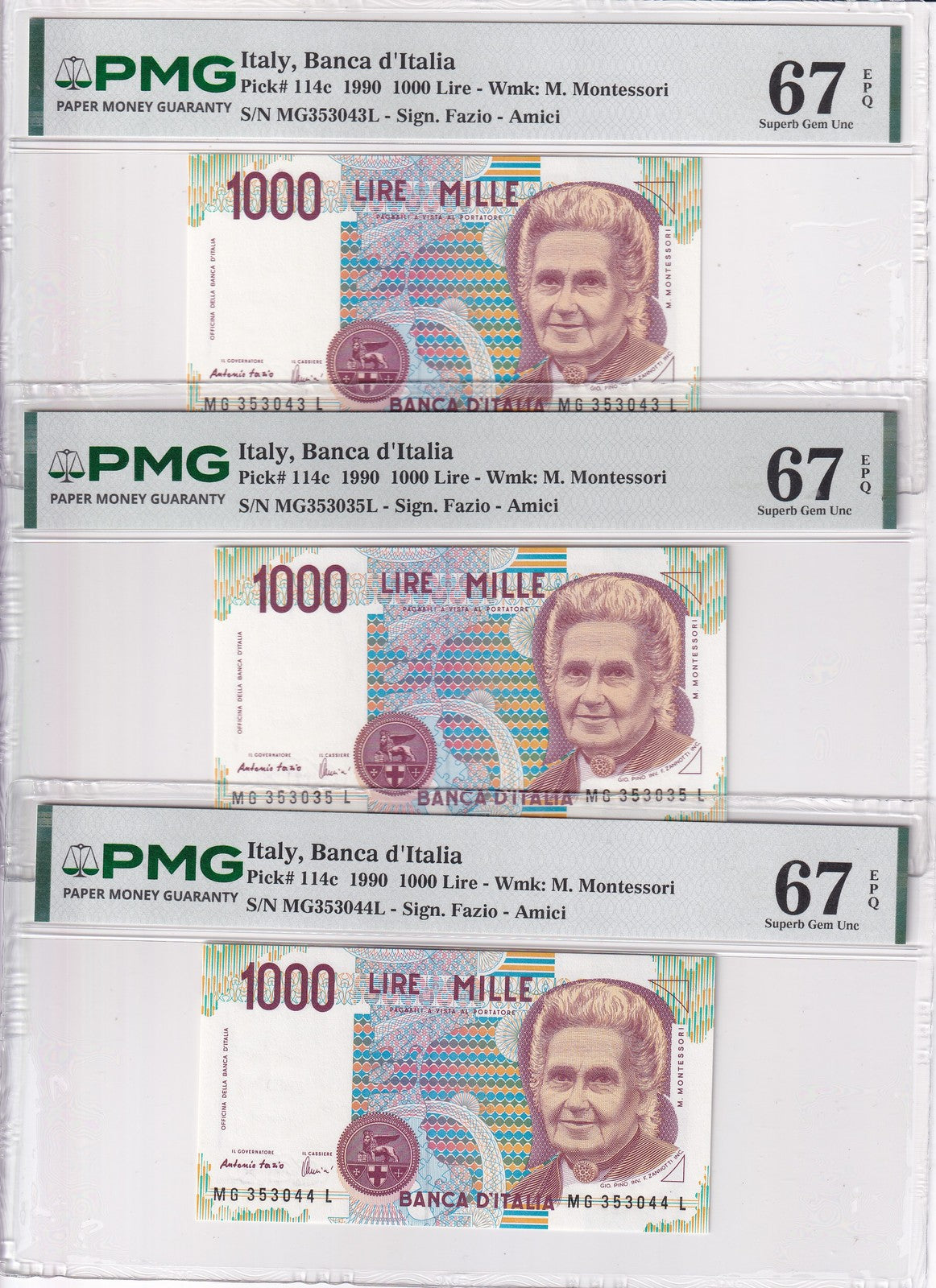 Italy Lot 3; 1000 Lire 1990 P 114 c Superb Gem UNC PMG 67 EPQ