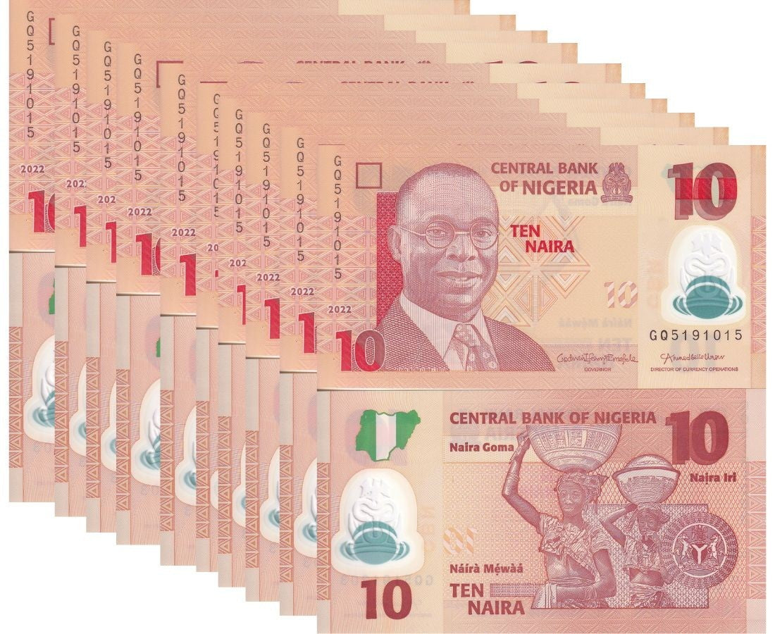 Nigeria 10 Naira 2022 P 39 m Polymer UNC Lot 10 PCS