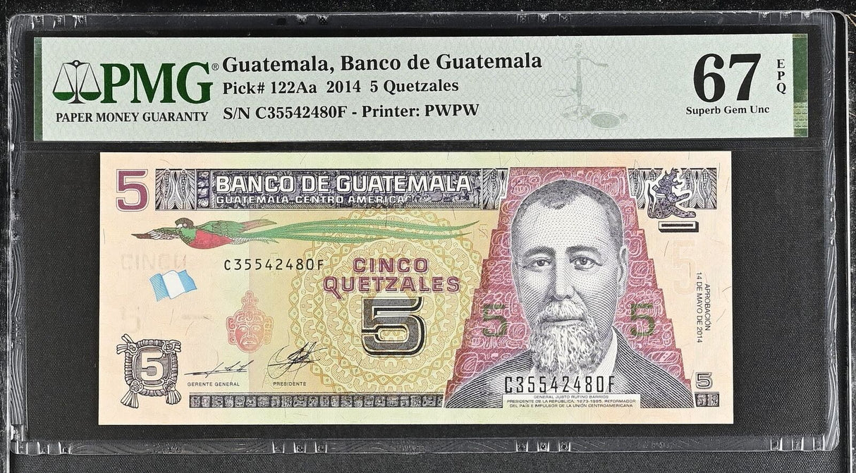 Guatemala 5 Quetzales 2014 P 122Aa Superb Gem UNC PMG 67 EPQ TOP POP