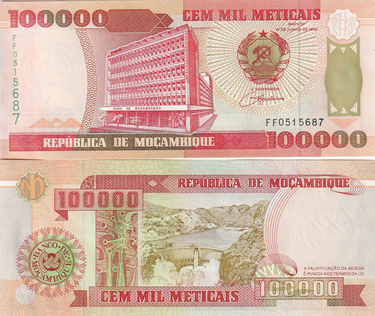 Mozambique 100000 Meticais 1993 P 139 UNC Cabora Bassa Dam Maputo