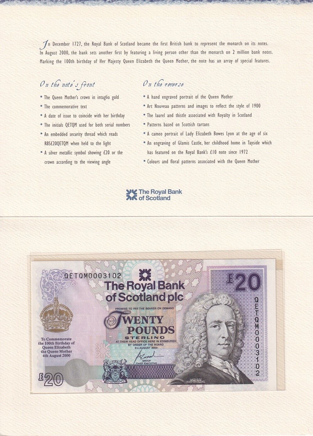 Scotland 20 Pound 2000 P 361 Commemorative 100th Queen Mother UNC W/Folder