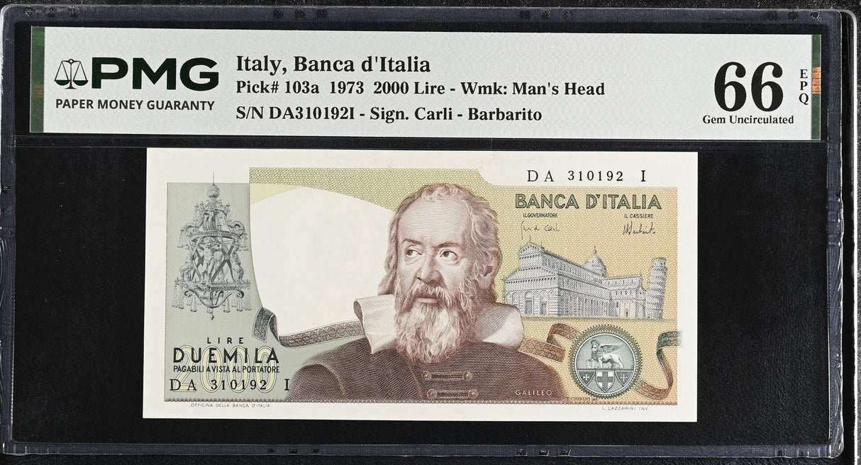 Italy 2000 Lire 1973 P 103 a Gem UNC PMG 66 EPQ