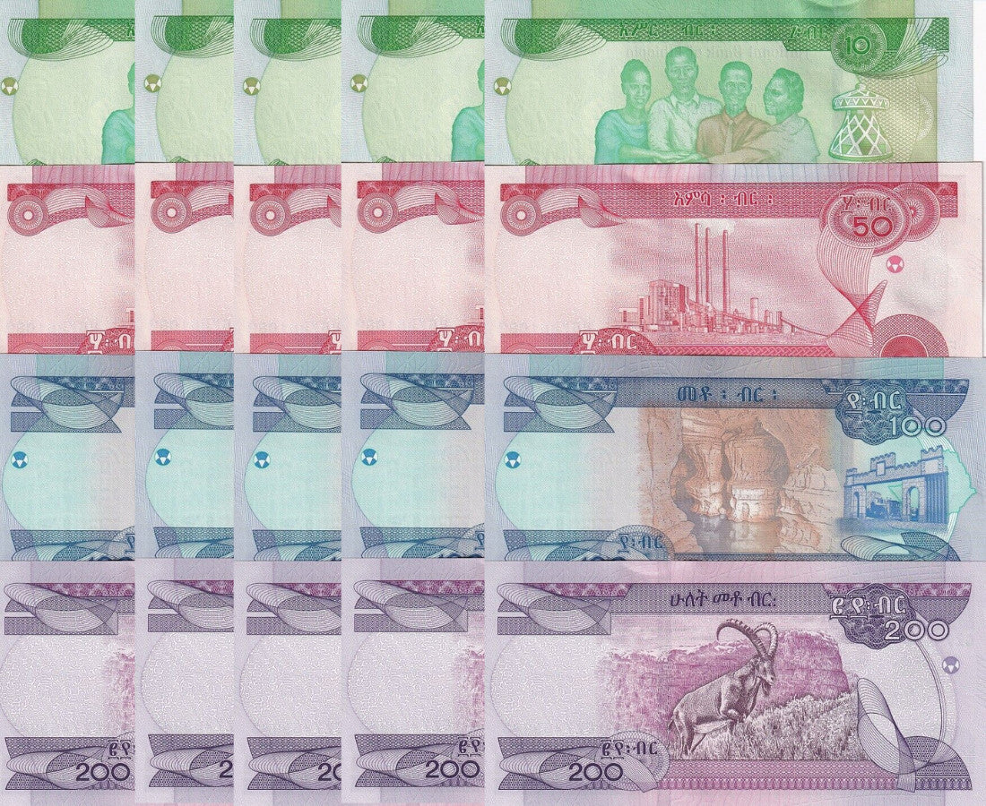 Ethiopia Set 4 x 5 sets = 20 UNC 10 50 100 200 Birr 2012/2023 P 53 54 55 56
