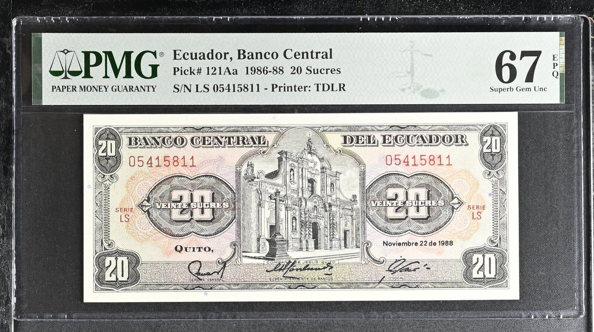 Ecuador 20 Sucres 1988 P 121Aa Superb Gem UNC PMG 67 EPQ