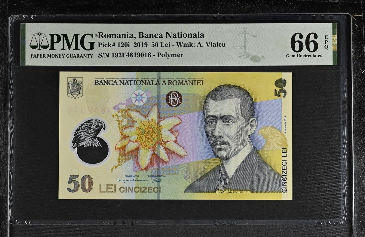 Romania 50 Lei 2019 P 120 i Polymer Gem UNC PMG 66 EPQ