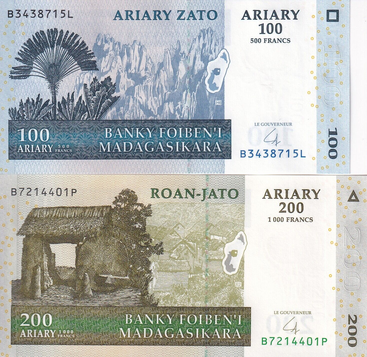 Madagascar set 2 UNC 100 200 Ariary 2004 P 86 87 b Sign # 6 UNC