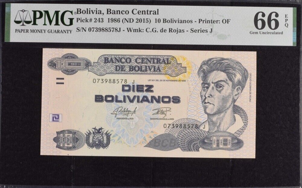 Bolivia 10 Bolivianos 1986/2015 P 243 Series J Gem UNC PMG 66 EPQ