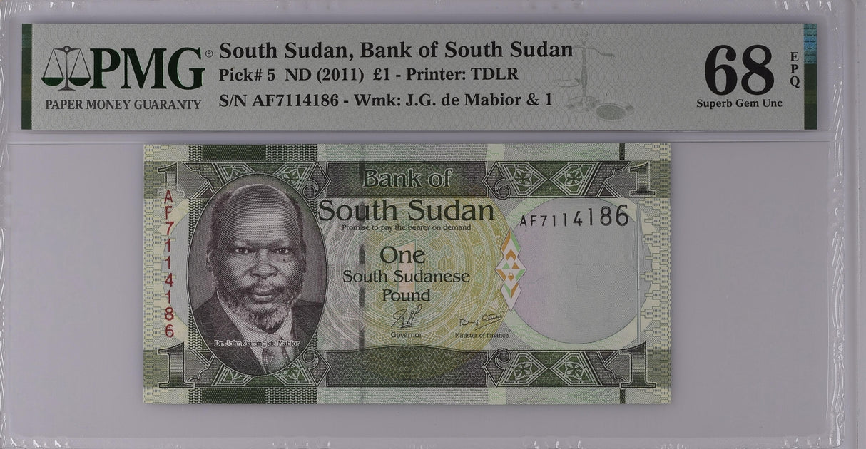 South Sudan 1 Pounds ND 2011 P 5 Superb Gem UNC PMG 68 EPQ