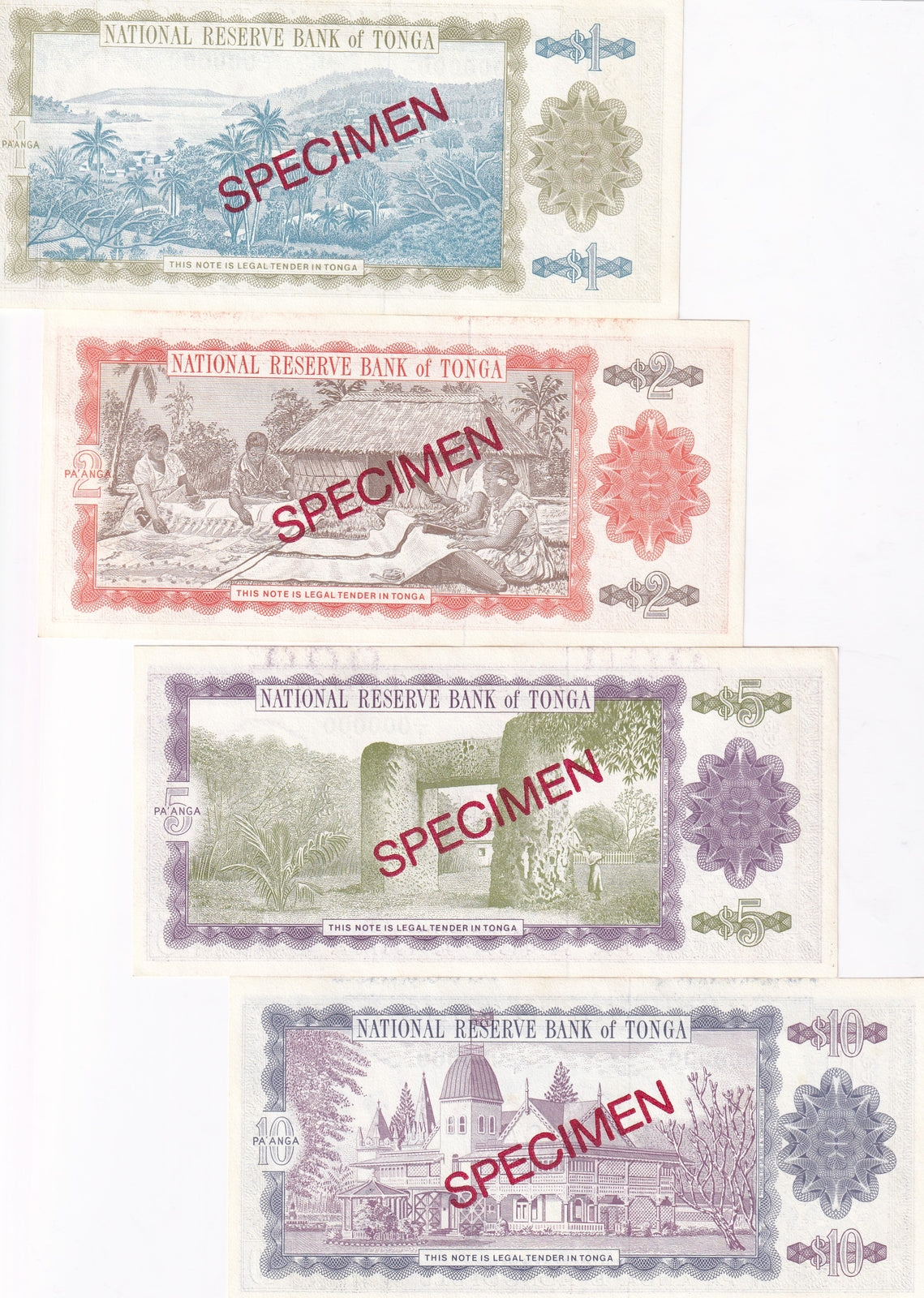 Tonga Set 4 UNC 1 2 5 10 Pa'anga ND 1992 P 25 26 27 28 SPECIMEN UNC