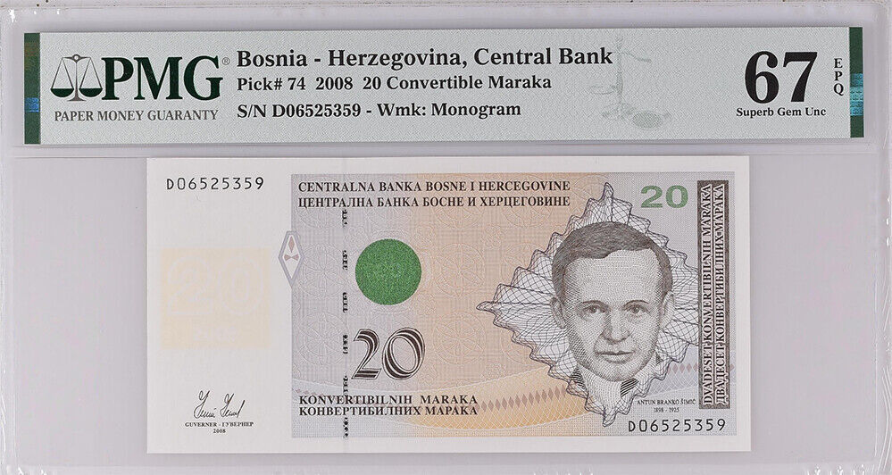 Bosnia 20 Convertible Maraka 2008 P 74 Superb Gem UNC PMG 67 EPQ