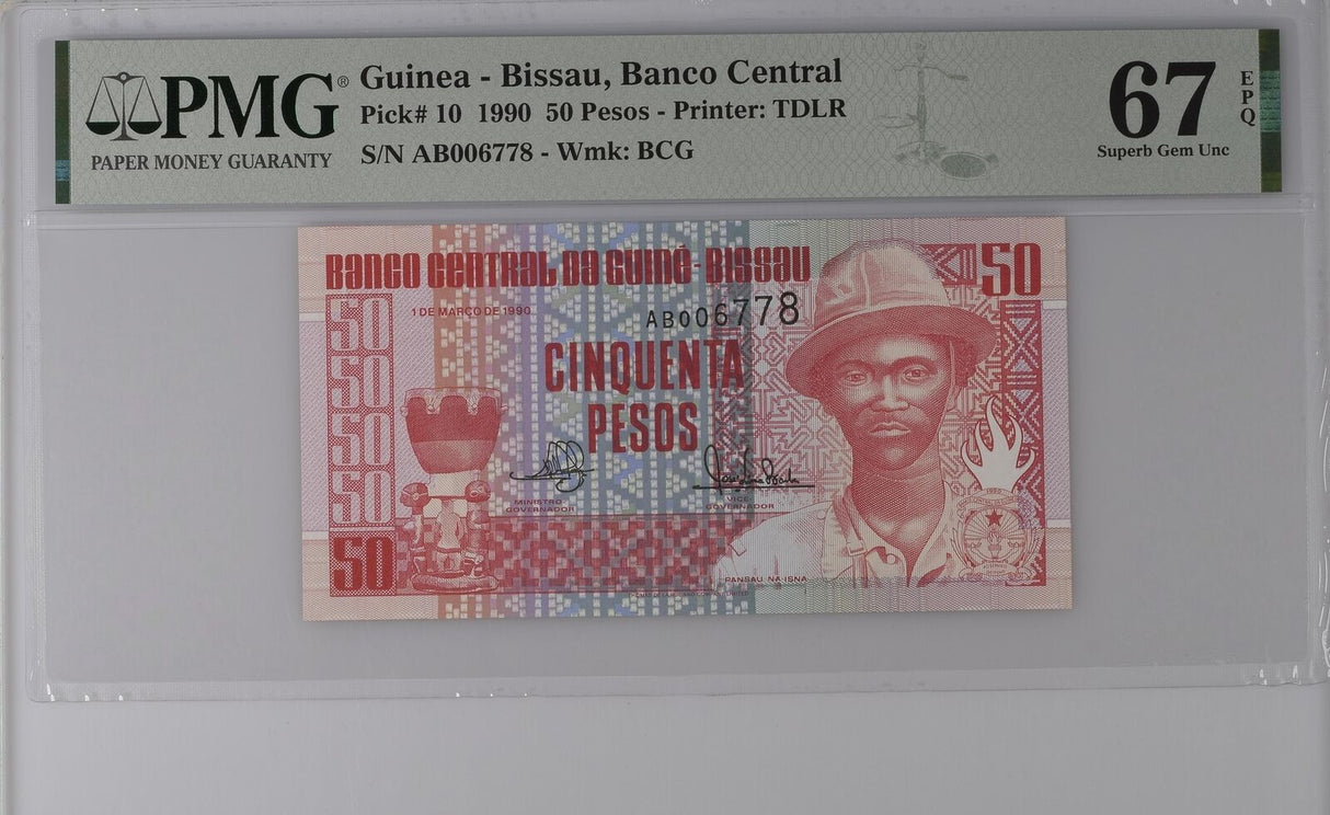 Guinea Bissau 50 Pesos 1990 P 10 Prefix AB Superb Gem UNC PMG 67 EPQ