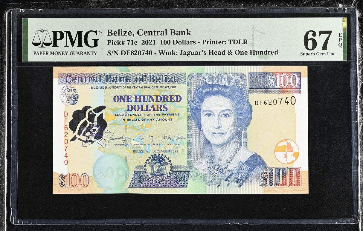 Belize 100 Dollars 2021 P 71 e Superb Gem UNC PMG 67 EPQ